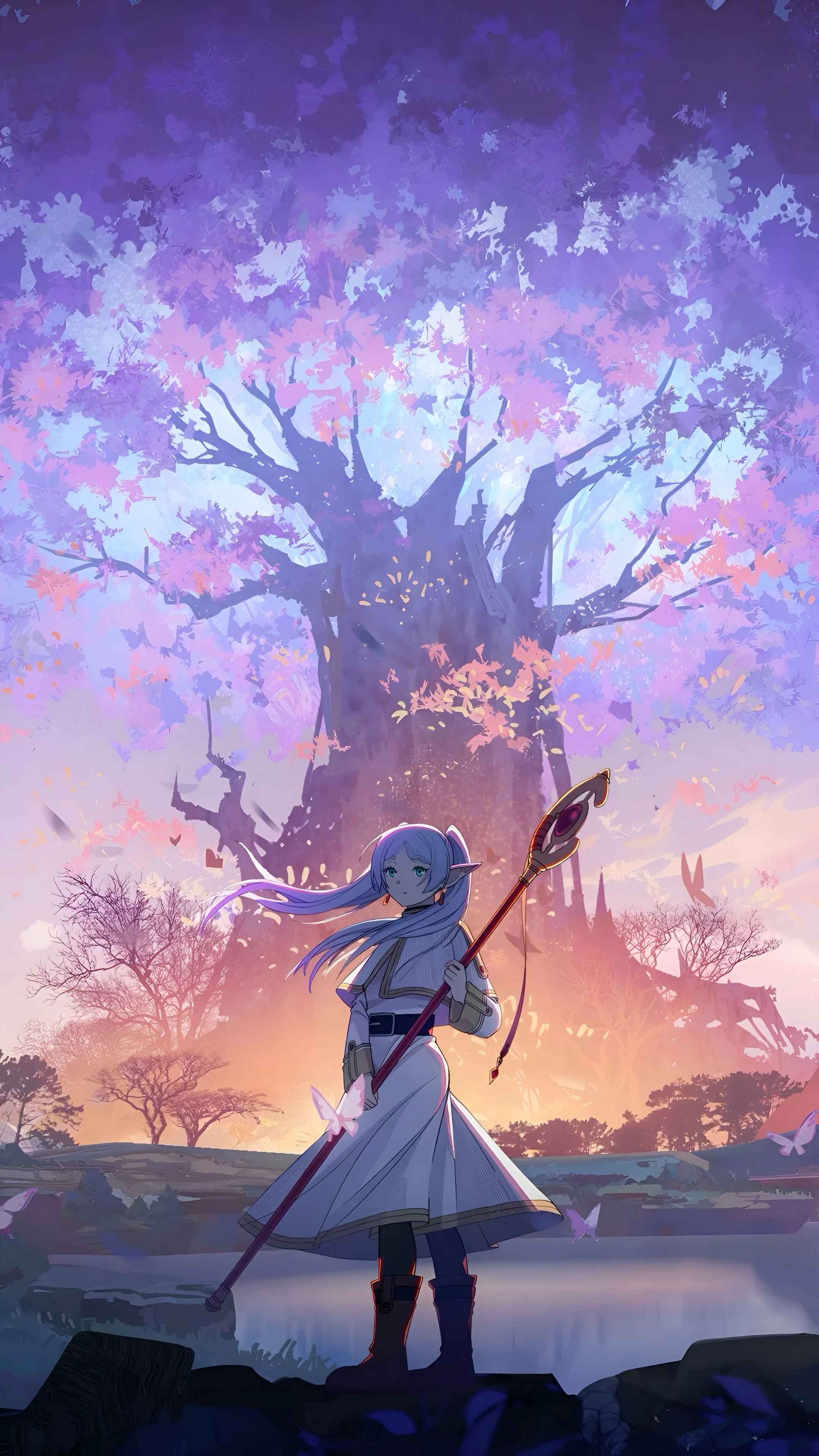 Ảnh avatar đẹp phong cách anime với cô gái đứng bên cây cổ thụ giữa khung cảnh tím hồng