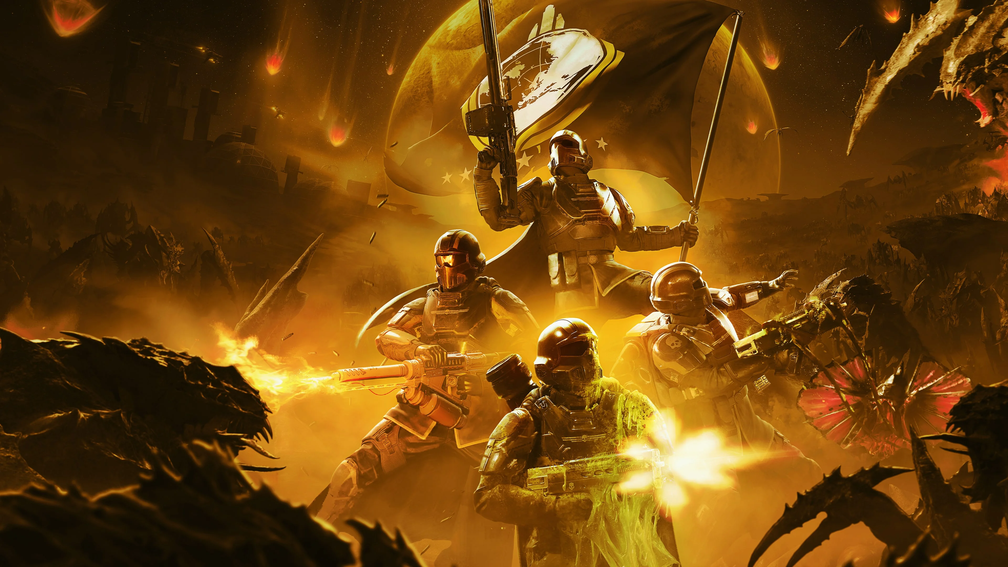 Ảnh avatar đẹp phong cách game fantasy với nhóm chiến binh trong khung cảnh chiến đấu ánh vàng