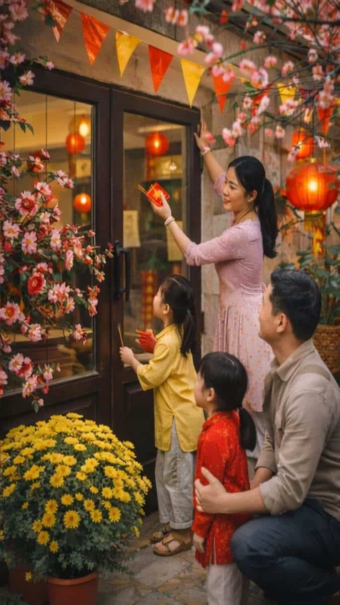 Gia đình cùng trang trí cửa hàng bằng hoa Tết, đèn lồng và cúc vàng