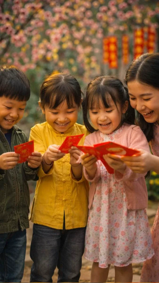 Các em nhỏ cầm bao lì xì bên hoa mai và hoa đào ngày Tết 2026