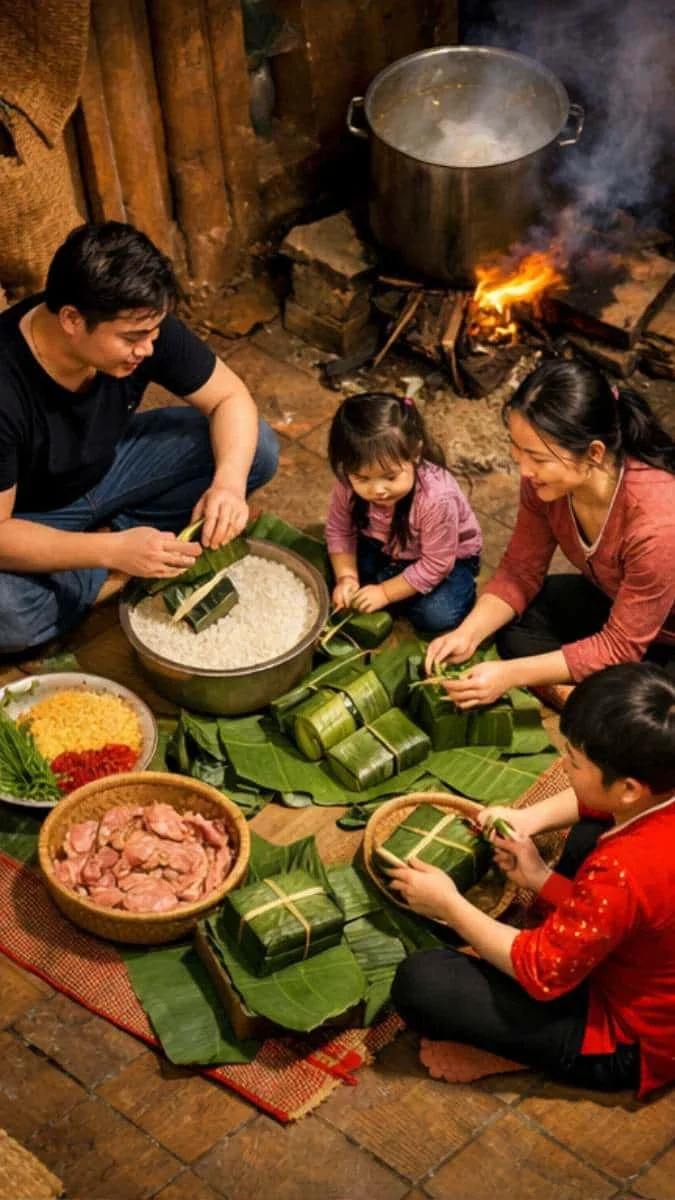 Gia đình quây quần gói bánh chưng bên bếp lửa ngày Tết 2026
