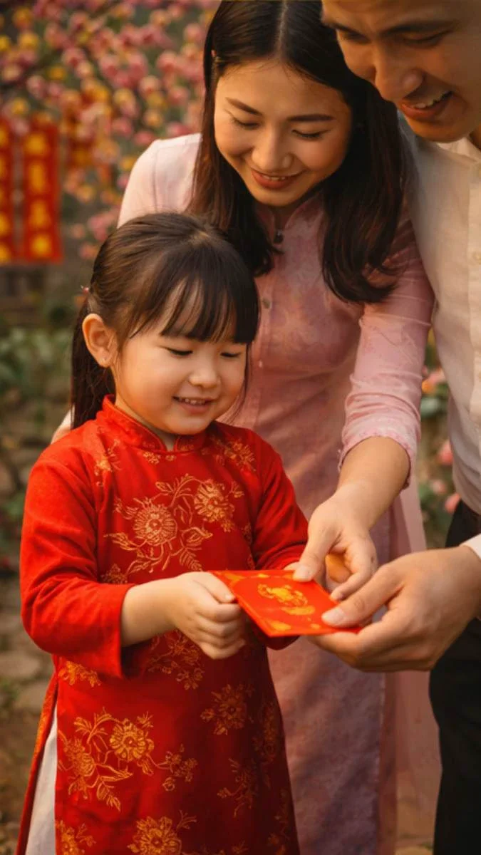 Mẹ trao phong bao lì xì cho bé gái mặc áo dài đỏ trong ngày Tết