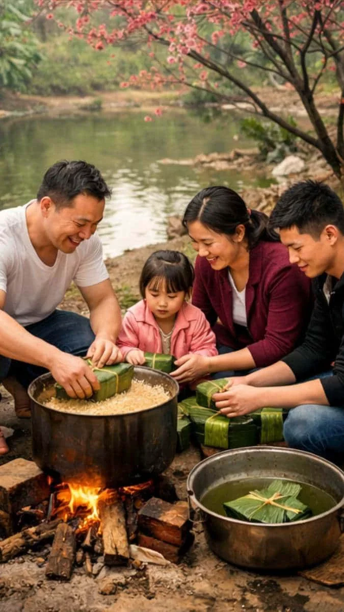 Gia đình gói bánh chưng bên bếp lửa cạnh hồ và hoa đào ngày Tết