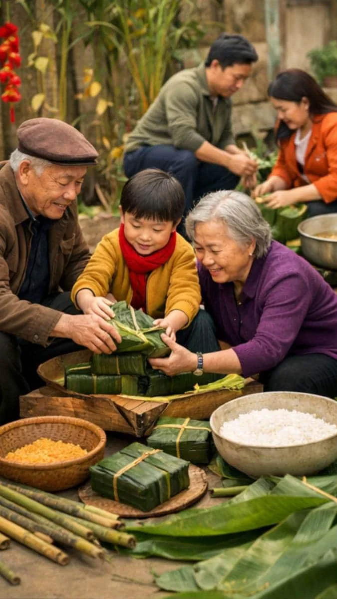 Gia đình nhiều thế hệ cùng gói bánh chưng bên bếp lửa ngày Tết