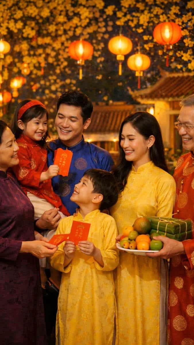 Gia đình quây quần bên mâm ngũ quả và đèn lồng đỏ trong dịp Tết 2026