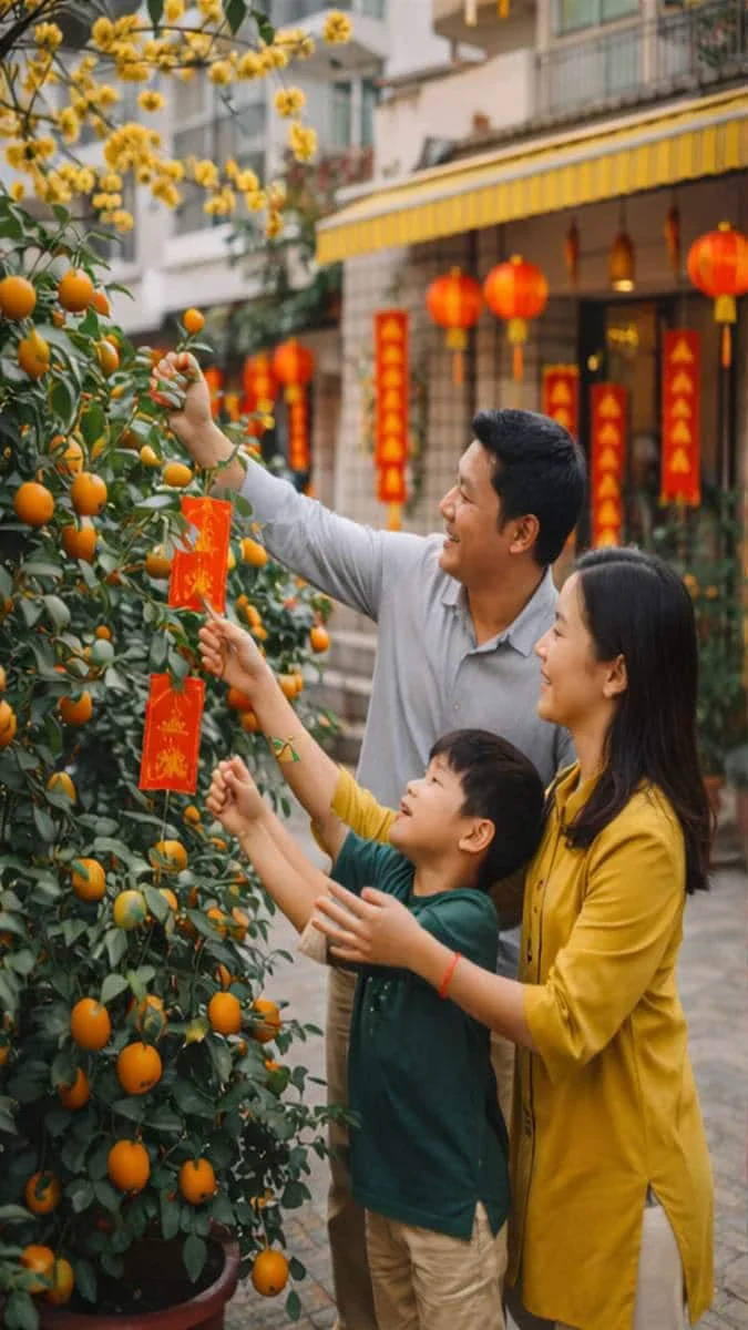 Ảnh Tết 2026 với gia đình Việt trang trí bao lì xì đỏ trên cây quất trước ngôi nhà rực rỡ đèn lồng