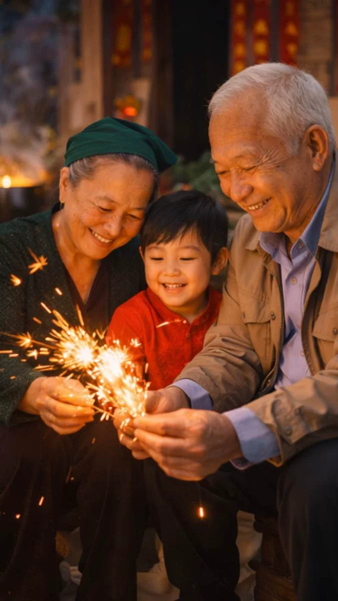Ông bà vui đùa cùng cháu nhỏ bên pháo sáng ngày Tết 2026
