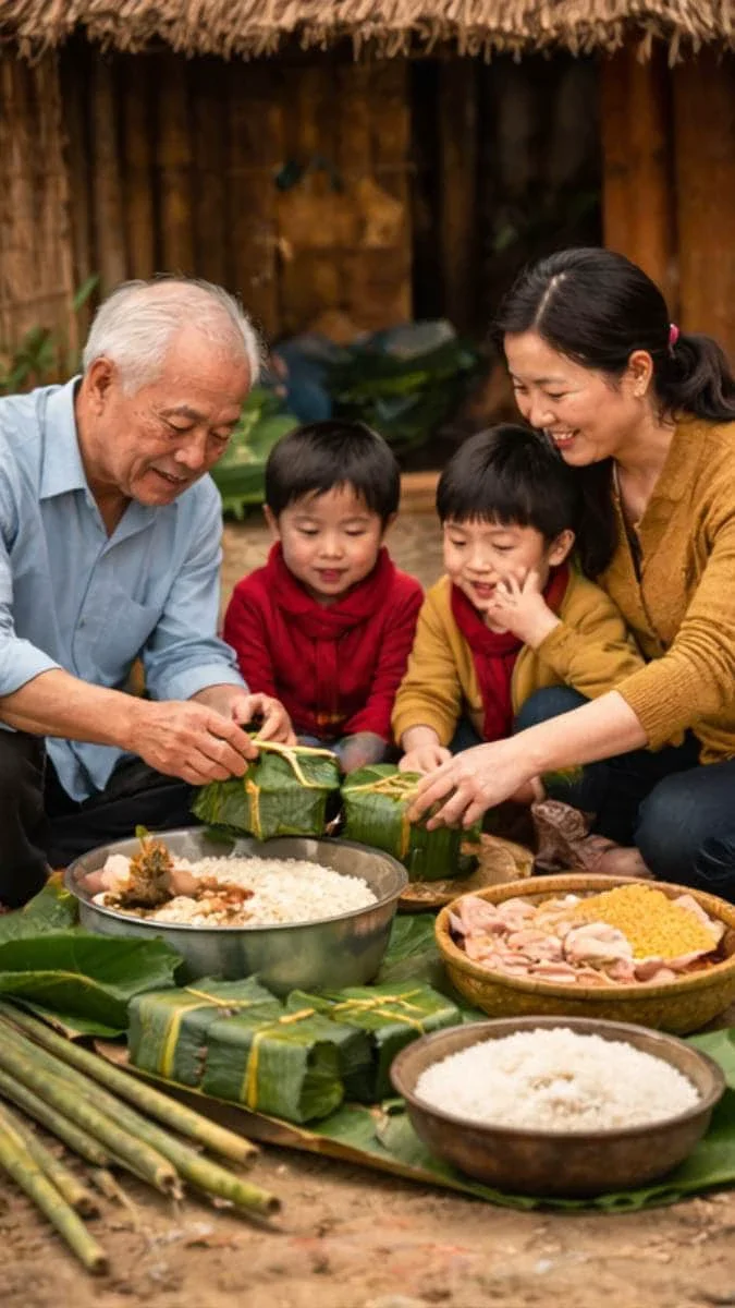 Ông bà và các cháu cùng chuẩn bị bánh chưng trong không khí Tết truyền thống