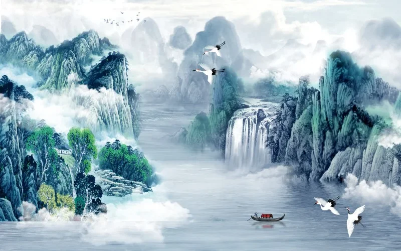Tranh phong thủy sơn thủy thác nước núi mây hạc trắng bay