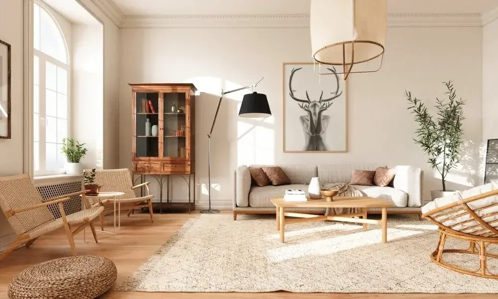 Chọn nội thất bằng gỗ tự nhiên hoặc màu gỗ như sồi hoặc cây thông trong decor phòng khách phong cách Bắc Âu