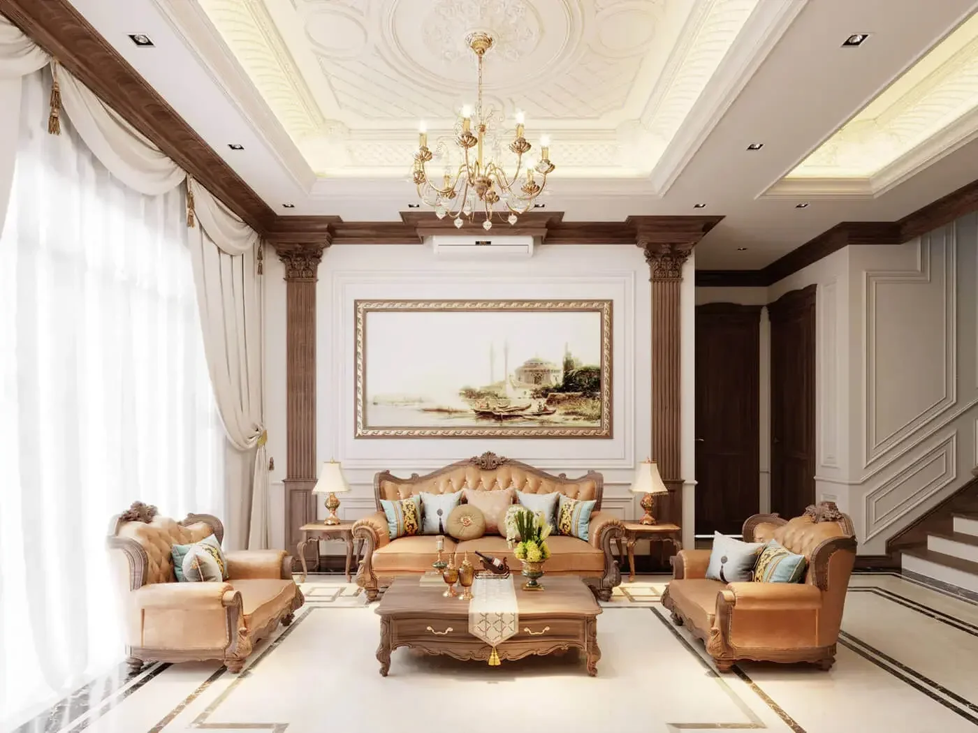 Decor phòng khách tân cổ điển sử dụng ghế sofa lớn bọc da hoặc vải cao cấp, thường kết hợp với gối tựa với họa tiết cổ điển hoặc đính đá quý