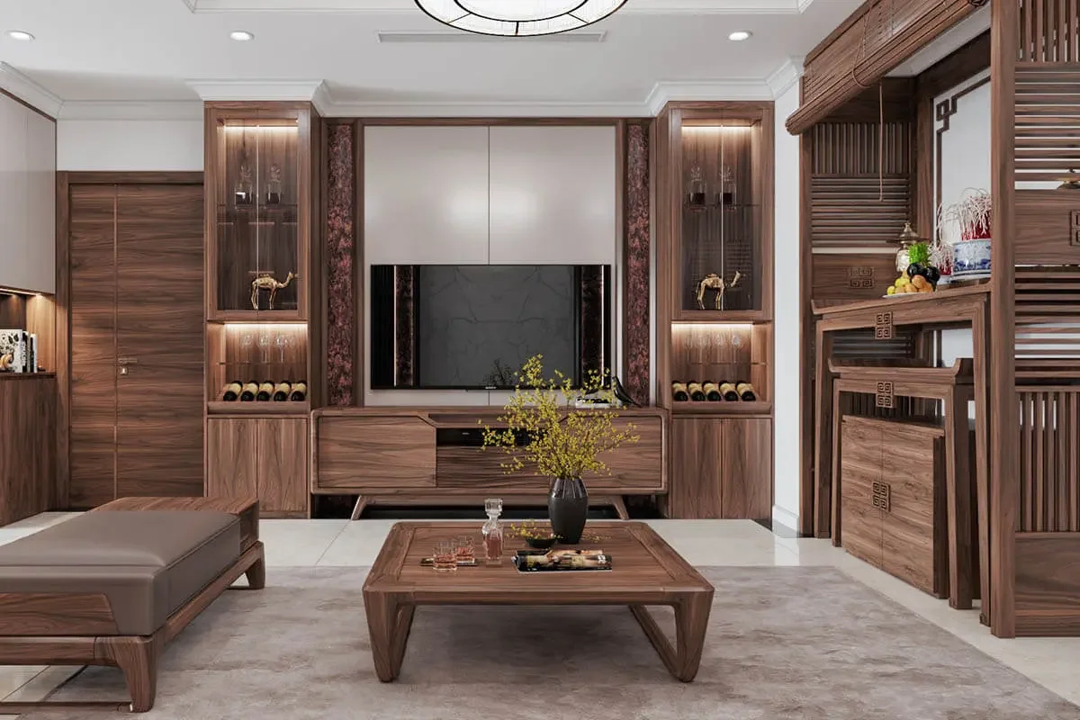 Chọn một tủ thờ bằng gỗ với thiết kế tương tự với phong cách trang trí của phòng khách