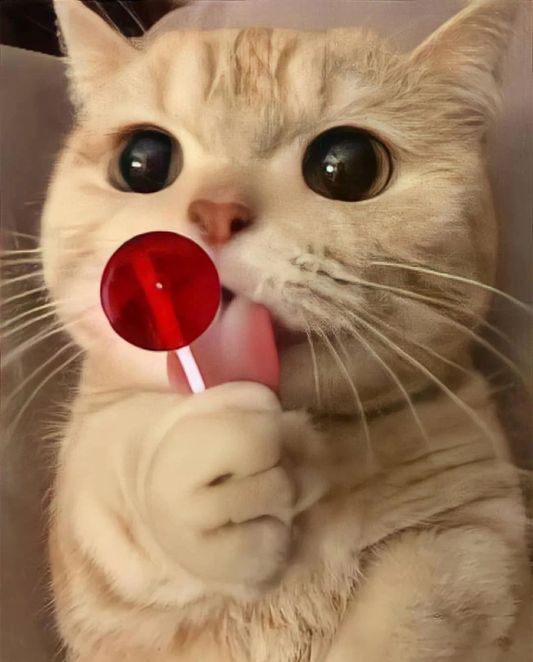 Hình con mèo cute đang liếm kẹo mút