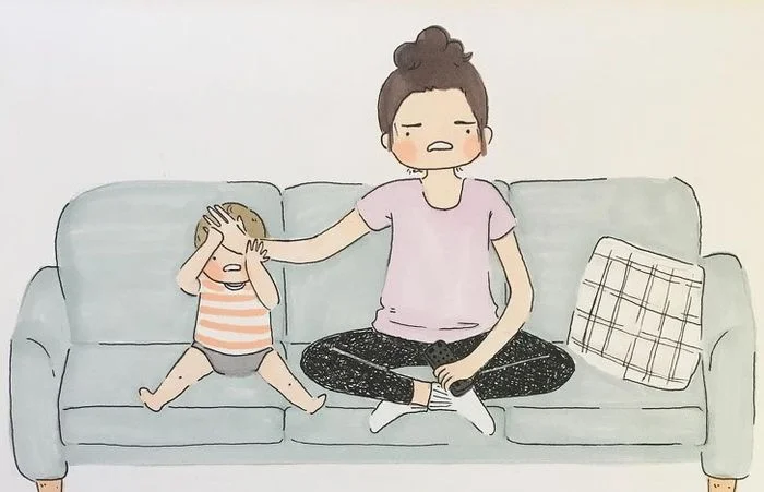 Tranh vẽ minh họa người mẹ đang ngồi trên ghế sofa cùng con nhỏ