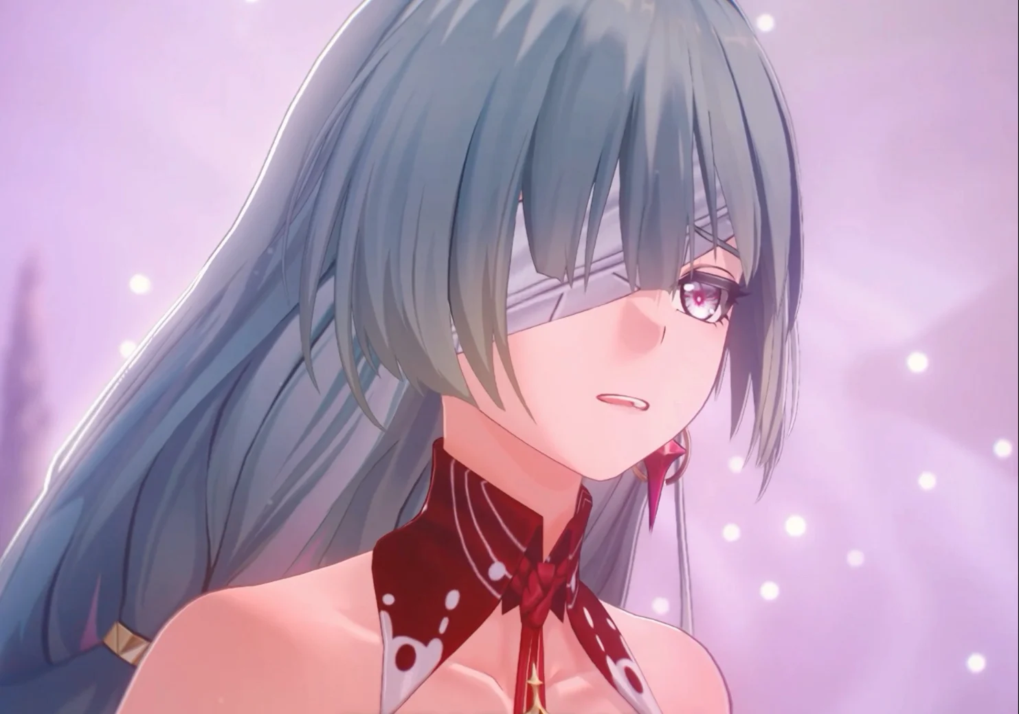 Hình nền điện thoại 3D đẹp nhất với cô gái anime tóc bạc, bịt mắt và phông nền tím hồng phát sáng