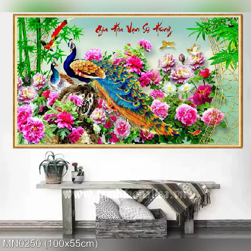 Tranh thêu chữ thập Gia Hòa Vạn Sự Hưng hình đôi chim công và hoa mẫu đơn treo tường phòng khách kích thước 100x55cm