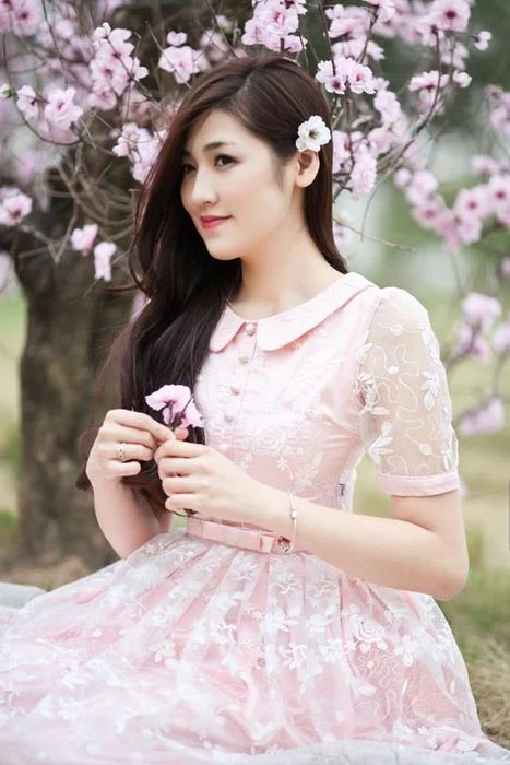 cô gái xinh xắn mặc váy hồng dưới tán hoa anh đào