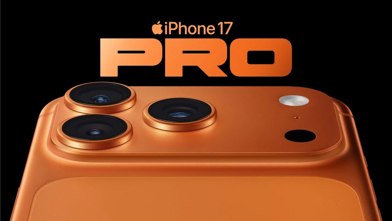 Cận cảnh màu iPhone 17 Pro Max Cosmic Orange cam đồng với cụm 3 camera Pro mới trên nền đen