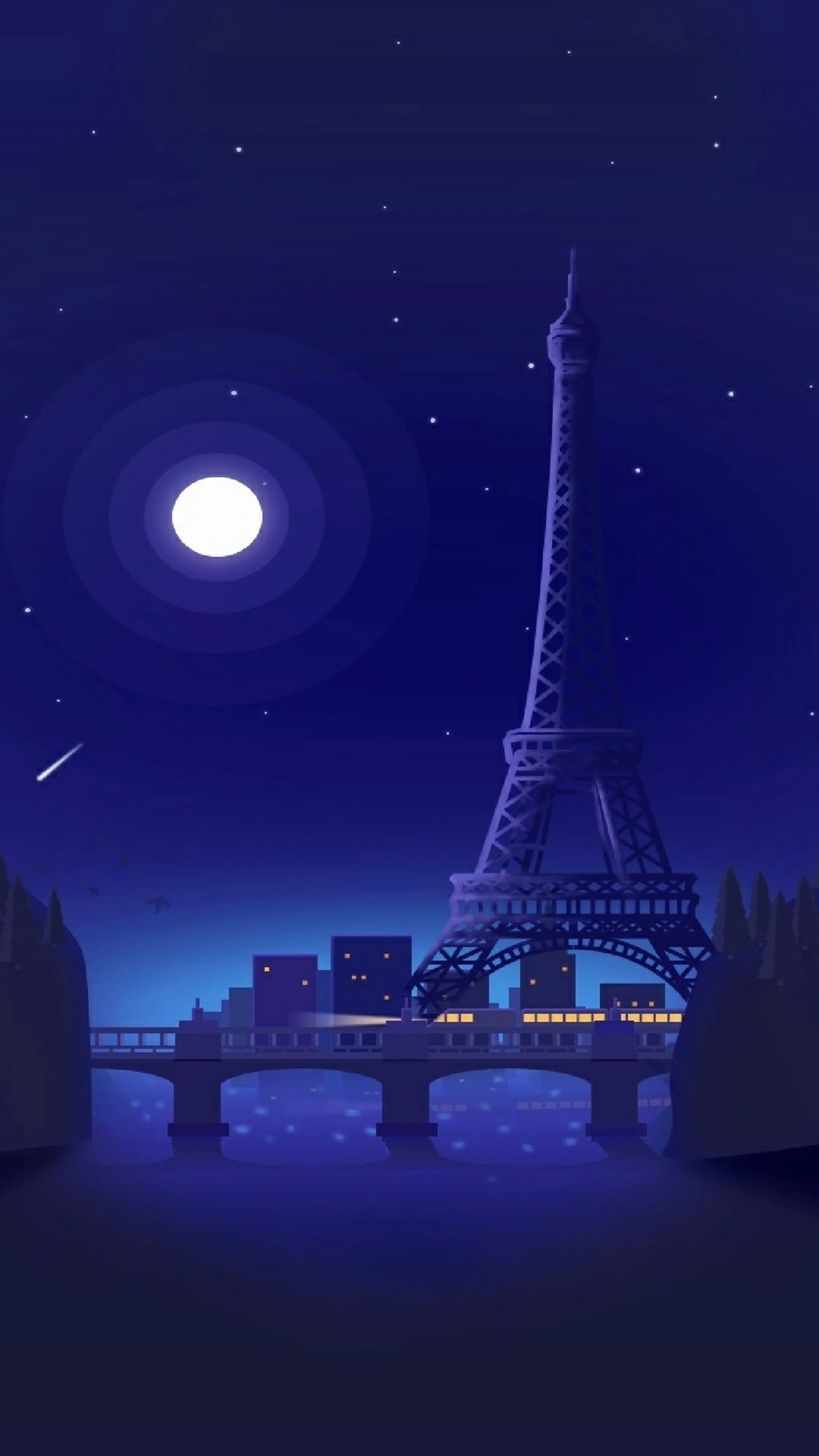 Hình nền đẹp tháp Eiffel bên sông dưới ánh trăng