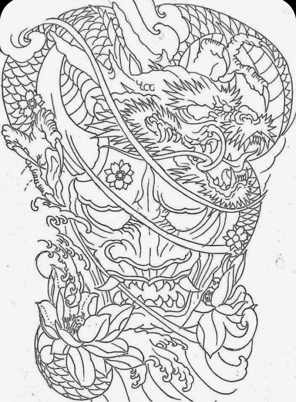 Mẫu sketch hình xăm rồng kết hợp hoa văn