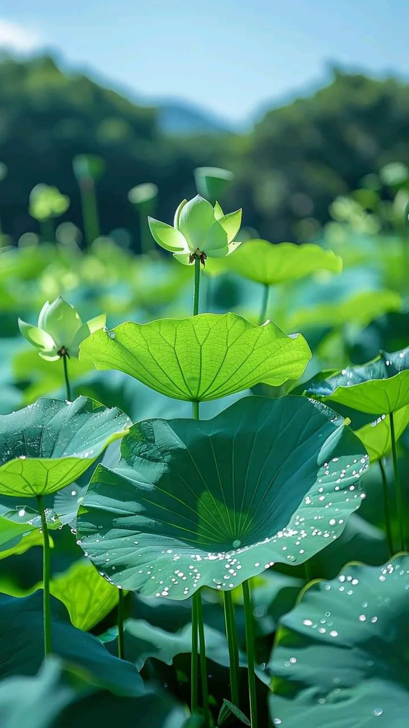 Hoa sen chen giữa lá, còn đọng sương sớm